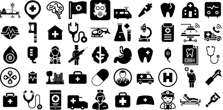 Huge Set Of Hospital Icons Pack Hand-Drawn Solid Cartoon Pictograms Patient, Symbol, Health, Icon Elements Isolated On White