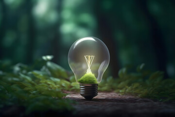 renewable energy light bulb with green energy, Earth Day or environment protection Hands protect forests that grow on the ground and help save the world, solar panels	

