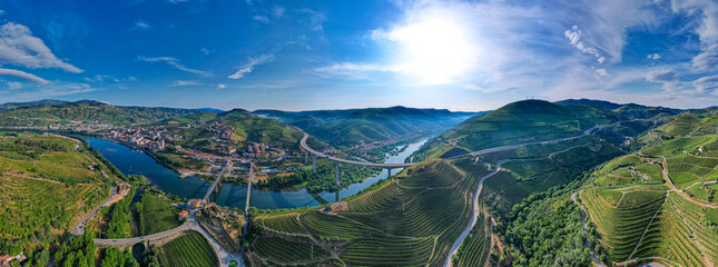Aerial view of Vineyards on the banks of the Douro river in Portugal near the village of Pinhão -...