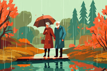 senior couple grandma and grandpa walk in autumn forest on a rainy day illustration Generative AI