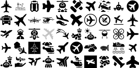Huge Set Of Aviation Icons Pack Solid Simple Elements Clock, Icon, Dumping, Man Pictograms Isolated On White Background