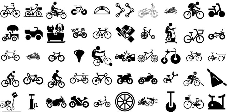 Mega Set Of Bike Icons Pack Flat Simple Silhouettes Silhouette, Wheel, Icon, Symbol Doodles Isolated On Transparent Background