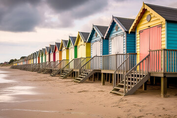 Row of colorful beach huts at the sandy beach.