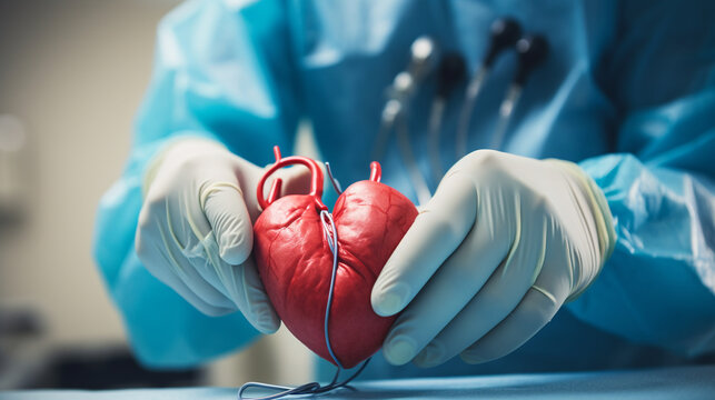 A close-up photograph of a surgeon's hands delicately holding a heart during a cardiac procedure Generative AI