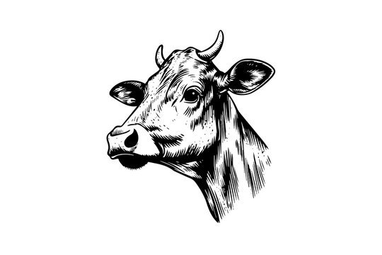 Cow head with horns logotype engraving style isolated vector illustration.