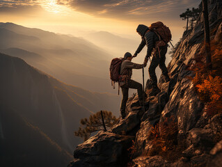 Male and female hikers climbing up mountain cliff and one of them giving helping hand. People helping and, team work concept. Generative AI.