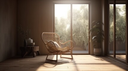 Fototapeta na wymiar rattan armchair at wooden gloor terrace balcony sunrise home interior design,image ai generate