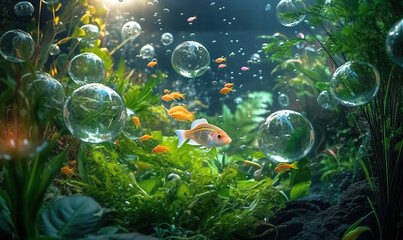 Mysterious Underwater World with Fish, Algae, and Air Bubbles. Created using generative AI tools