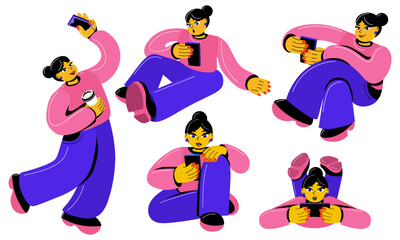 A large set of characters of girls corresponding with someone on the phone. Communicates using a smartphone. Emotional girls relax, communicate, work with the phone in their hands. Rest