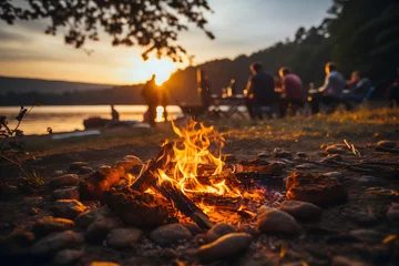 Foto op Plexiglas Kamperen campfire in the forest near the lake