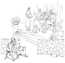 Pencil drawing. The rich man is feasting and the beggar asks for food