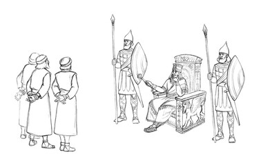 Pencil drawing. The king interrogates the prisoners