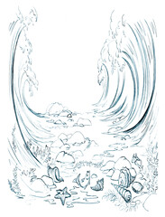 Pencil drawing. Moses leads the people across the sea