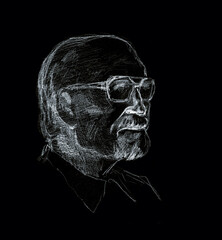 Pencil drawing. Old grandfather with glasses