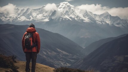 Obraz premium Engaged in the activity of hiking, the active individual relishes the captivating scenery of the mountain range while embracing a sporty travel lifestyle. Generative AI