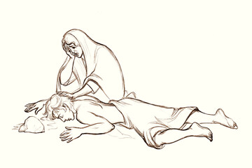 Pencil drawing. Adam and Eve cry over the dead Abel