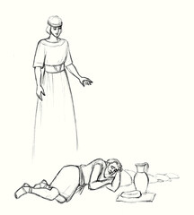 An angel appeared to the prophet Elijah. Pencil drawing