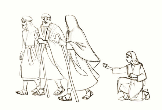 Pencil drawing. The woman touched the clothes of Christ, to be healed