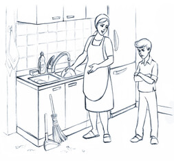 Disobedient child. Family scene pencil drawing