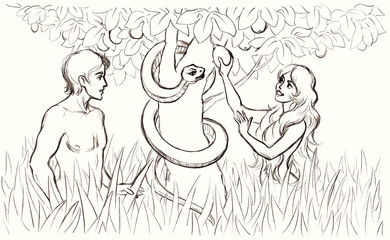 Adam and Eve near the tree of the knowledge of good and evil. Pencil drawing - obrazy, fototapety, plakaty