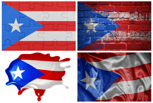 colorful realistic flag of puerto rico in different styles and with different textures on the white background.collage. 3D illustration