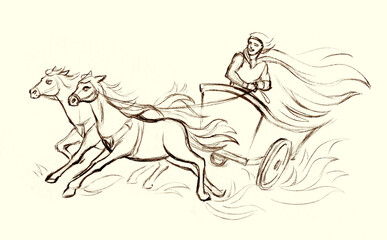 Fototapeta na wymiar Rider on an ancient chariot. Pencil drawing