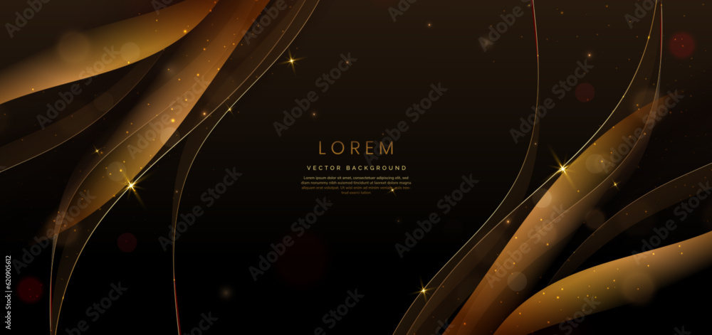 Poster 3d gold curved golden ribbon on dark brown background with lighting effect and sparkle with copy spa