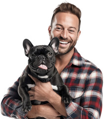 Smiling brunette man with french bulldog dog isolated on white background as transparent PNG