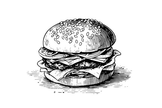 Burger engraving style art. Hand drawn vector illustration of hamburger.