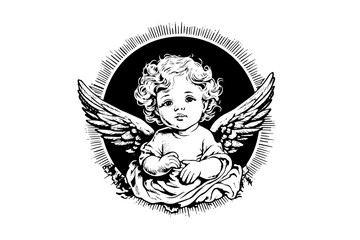 Little angel in frame vector retro style engraving black and white illustration. Cute baby with wings.
