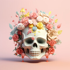Skull with roses cartoon illustration isolated