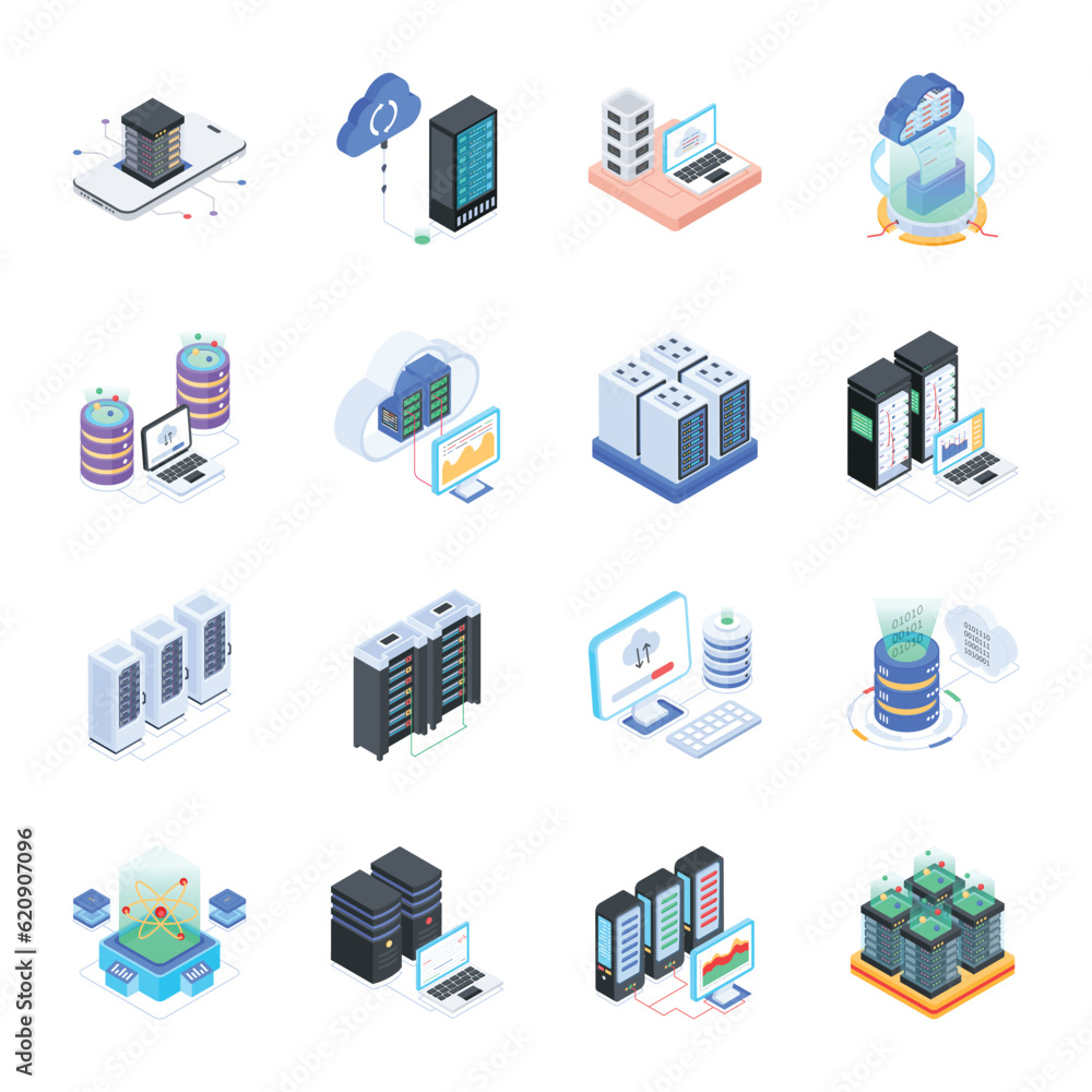 Sticker pack of database isometric icons