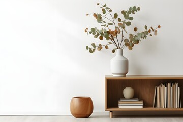 interior design, living room interior with design wooden bookcase, eucalyptus leaf in vase