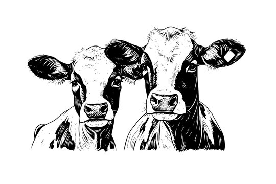 Two alpine cow vector hand drawn engraving style illustration