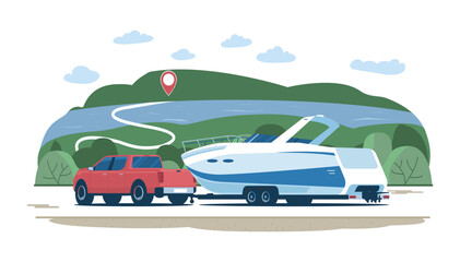 Pickup truck transports a powerboat on a trailer along the route against the backdrop of a rural landscape. Vector illustration.