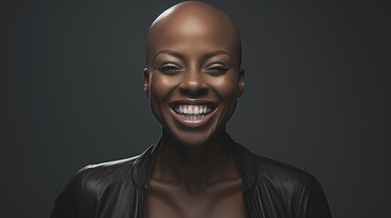 Obraz premium Bald happy dark-skinned girl on a dark background. AI generation
