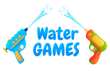 Toy water weapons. Summer games with water spraying in hot weather. Plastic water pistols. Vector illustration