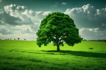 Fototapeta na wymiar beautiful natural view of clouds over the green field and tree generated with Ai technology