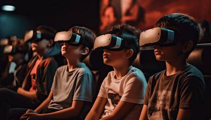 Fototapeta na wymiar A group of kids in cinema with a modern and sleek virtual glasses. Children looking in VR glasses.