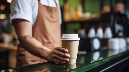 A barista in a brown apron places a customer's paper coffee cup on the counter in a trendy coffee shop. - obrazy, fototapety, plakaty