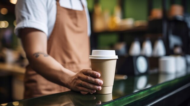 A barista in a brown apron places a customer's paper coffee cup on the counter in a trendy coffee shop.