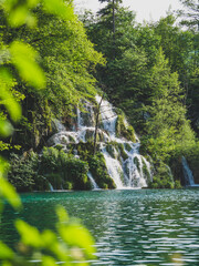 Beautiful waterfall with green vivid tones in Plitvice Lakes National Park, Croatia