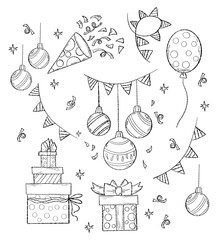 Naklejka premium Christmas and holiday birthday. Festive collection doodles. Christmas balls, decor, balloons, gifts and garlands. Isolated vector linear hand drawings for design and decoration of holiday themes.