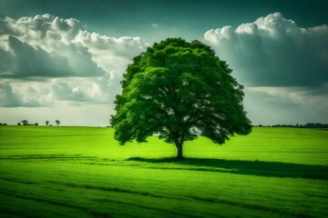 Fototapeta na wymiar beautiful natural view of clouds over the green field and tree generated with Ai technology