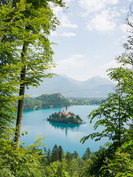 Wonderful pic of Bled Lake seen from above on a sunny day with blue tones on the water 