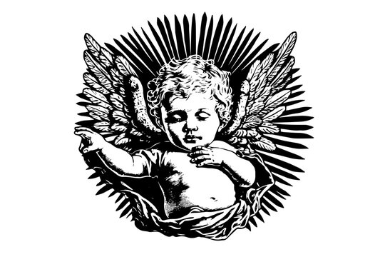 Little angel in frame vector retro style engraving black and white illustration. Cute baby with wings.