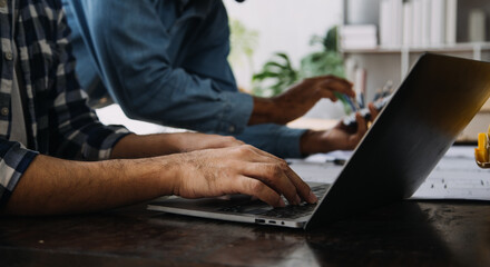 Engineer Teamwork Meeting, Drawing working on blueprint meeting for project working with partner on model building and engineering tools in working site, Construction and structure concept.