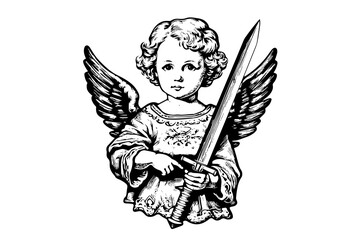 Little angel with sword vector retro style engraving black and white illustration. Cute baby with wings.