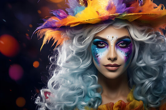 young woman halloween witch white long hair, hat, mackup