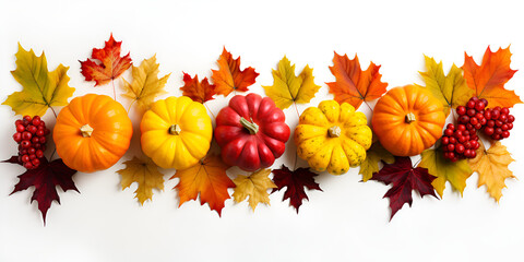 Autumn leaves, berries and pumpkins as a border, Fall background, Vector illustration isolated on white background Ai Generated 